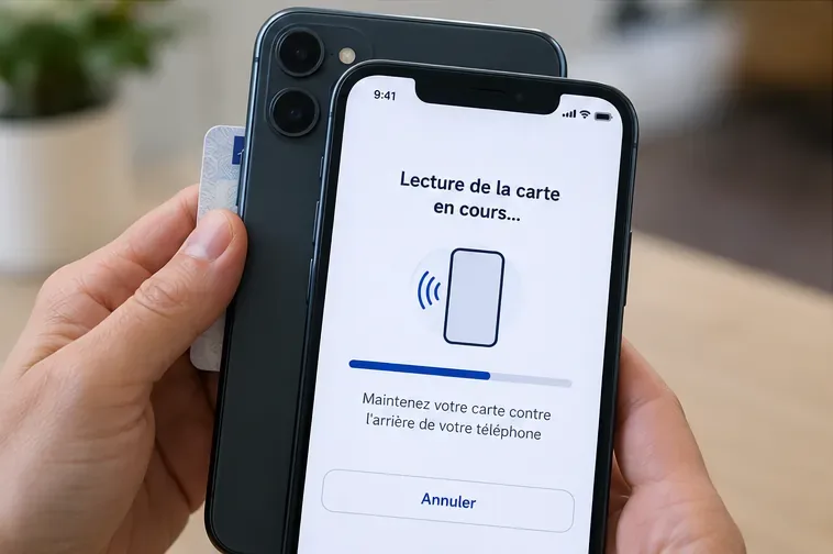 Carte d’identité maintenue contre l’arrière d’un smartphone pendant une lecture NFC