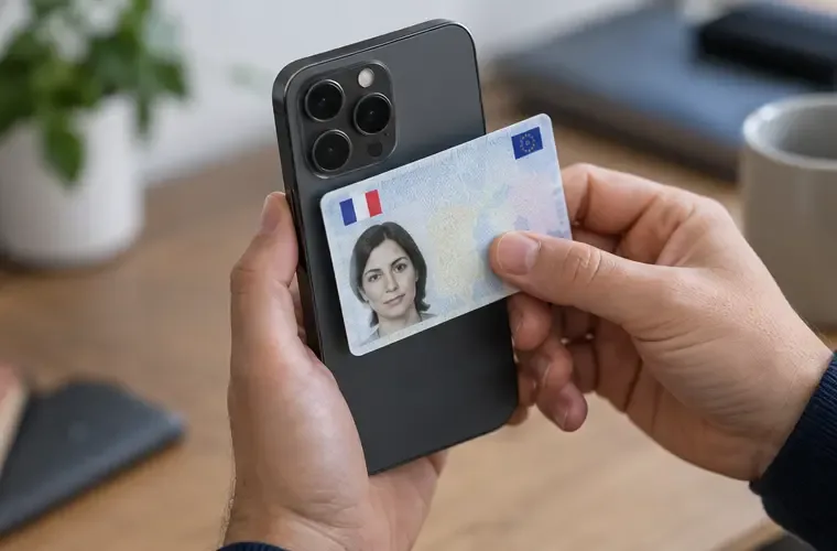 Main plaçant une carte nationale d'identité française contre le dos d'un smartphone pour une lecture sans contact