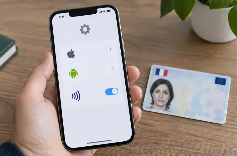 Smartphone affichant des icônes de système et de connexion sans contact à côté d'une carte nationale d'identité française
