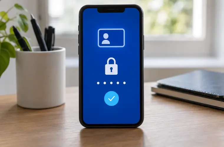 Smartphone posé sur un bureau avec un écran bleu montrant un cadenas et une validation de sécurité