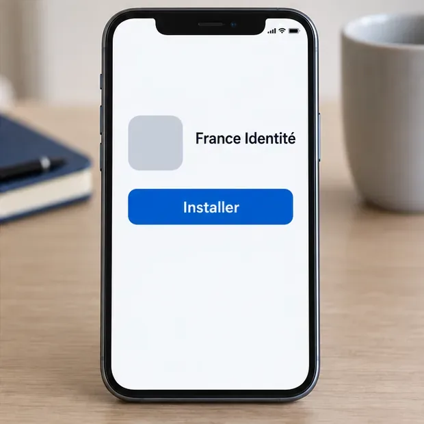 Nouveau smartphone affichant une fiche d’installation sobre pour France Identité avec le bouton Installer