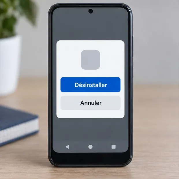 Smartphone affichant une boîte de dialogue générique de désinstallation avec les boutons Désinstaller et Annuler