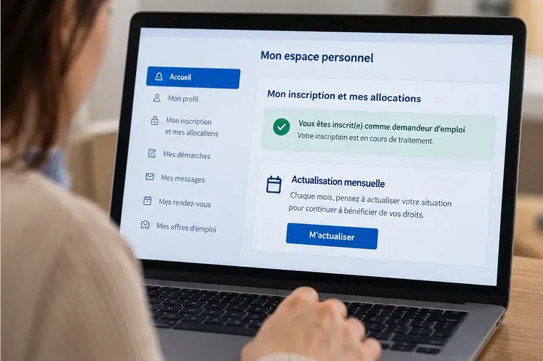 Personne consultant un espace personnel avec une confirmation d’inscription et un rappel d’actualisation mensuelle