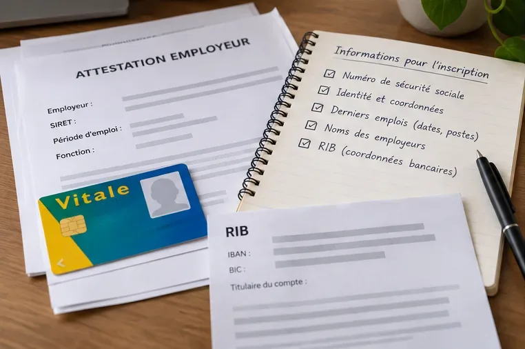 Documents préparés pour une inscription : attestation employeur, coordonnées bancaires et liste d’informations professionnelles