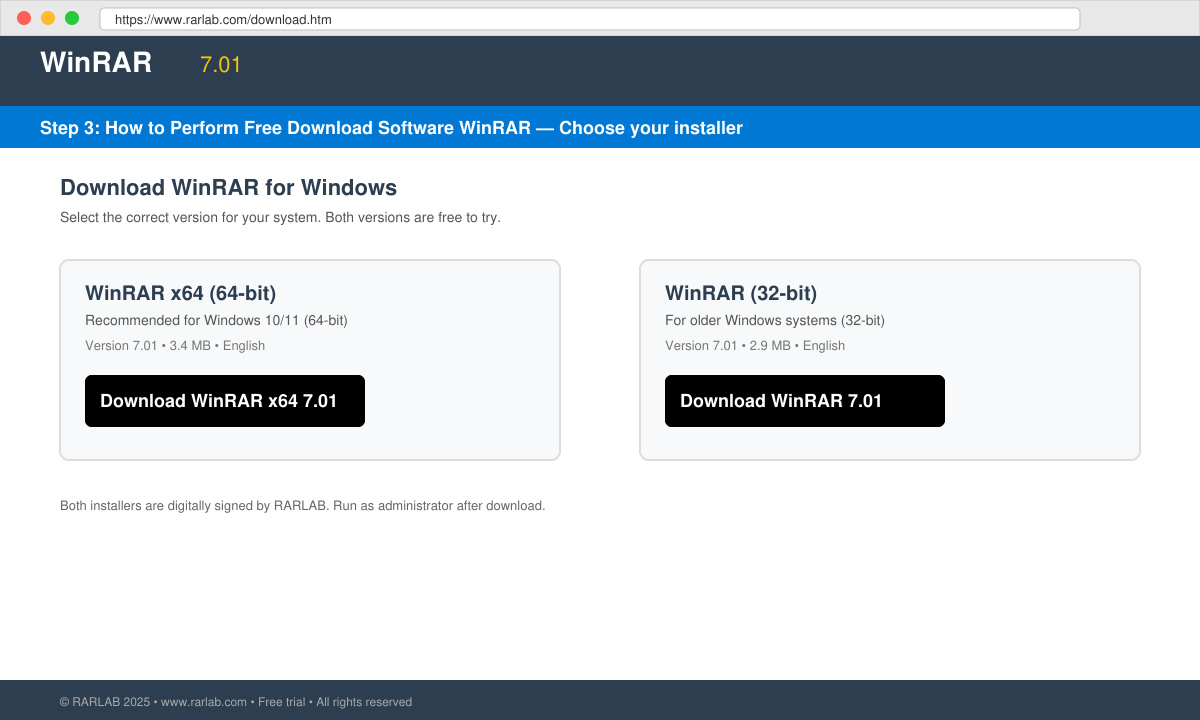 Screenshot of the WinRAR download page listing 32-bit and 64-bit Windows options