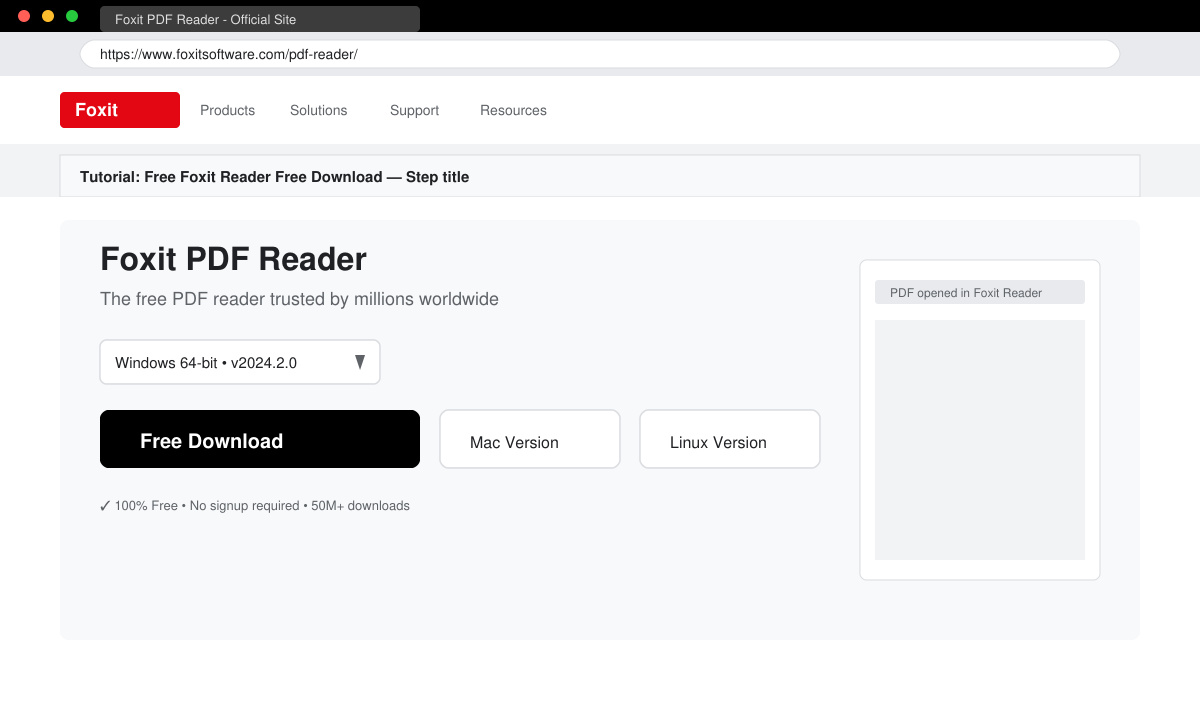 Screenshot of the Foxit Reader download page with the free version button highlighted