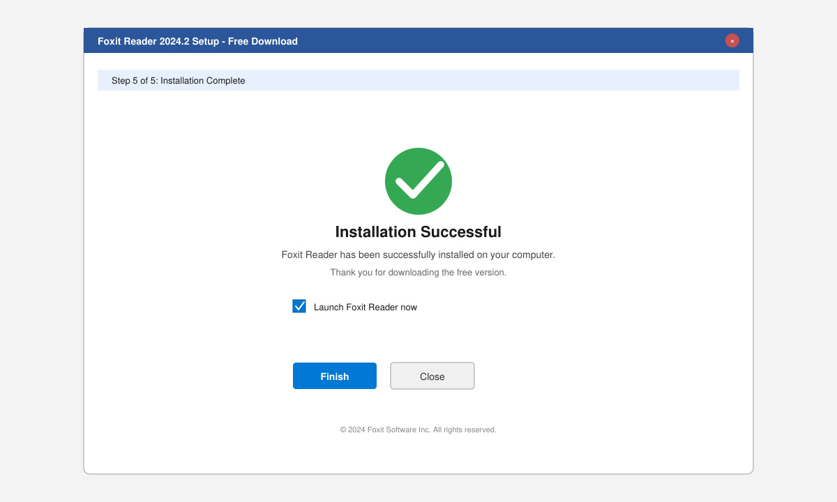 Foxit Reader installation complete screen with launch option visible