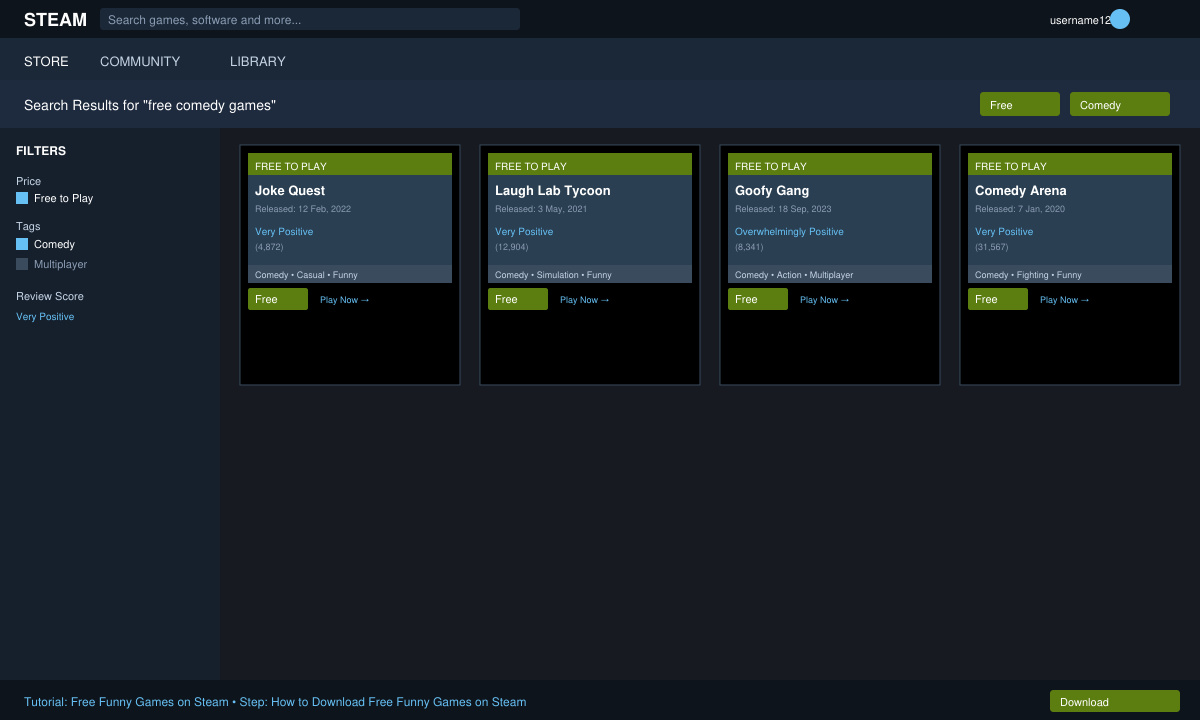 Close-up of Steam search results page filtered for free comedy games with game cards displayed
