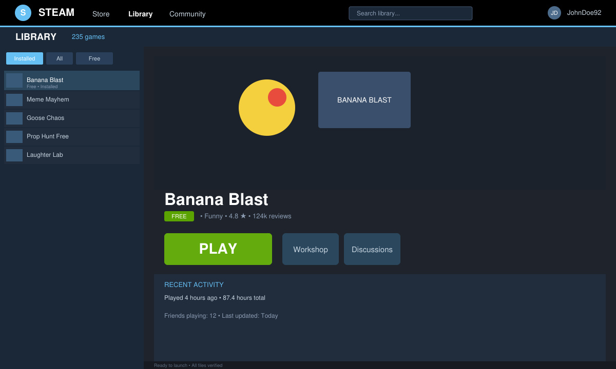 Steam library view showing a newly added free funny game with the Play button ready