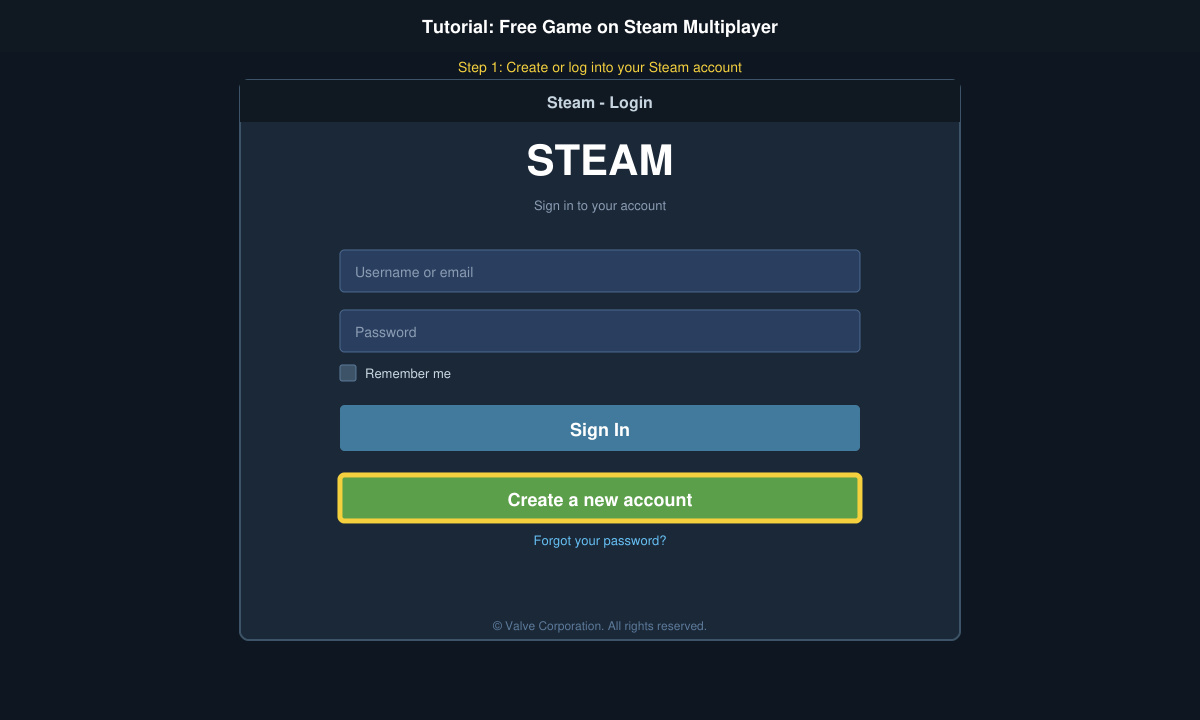 Steam account login screen for finding a Free Game on Steam Multiplayer