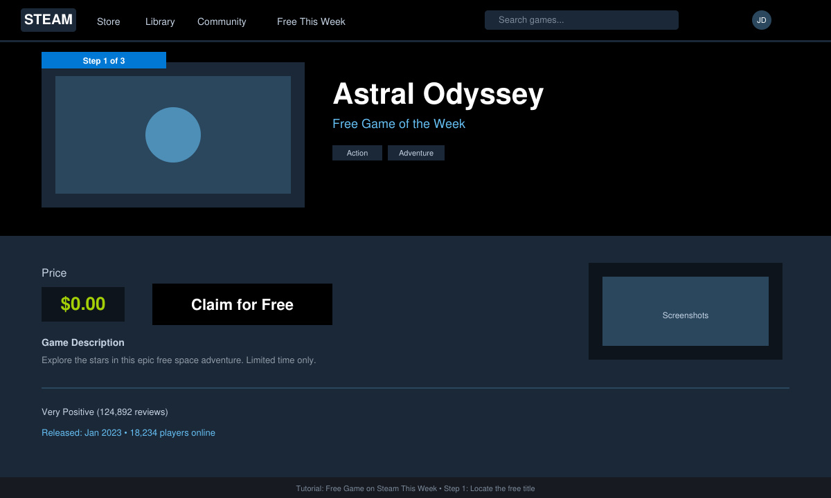 Close-up of the Steam store page highlighting the free game banner with the exact title and claim button