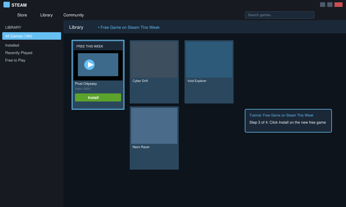 Steam library view showing the newly claimed free game ready to install with progress bar