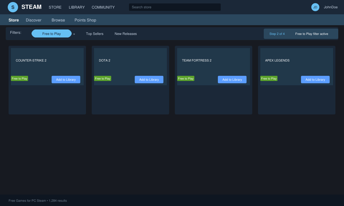 Steam store interface with Free to Play filter applied and a list of games visible