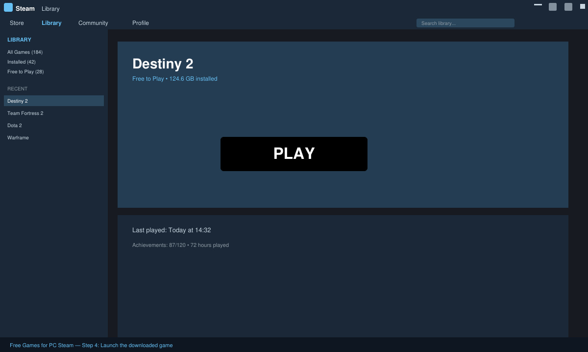 Steam library with an installed free game highlighted and the Play button ready