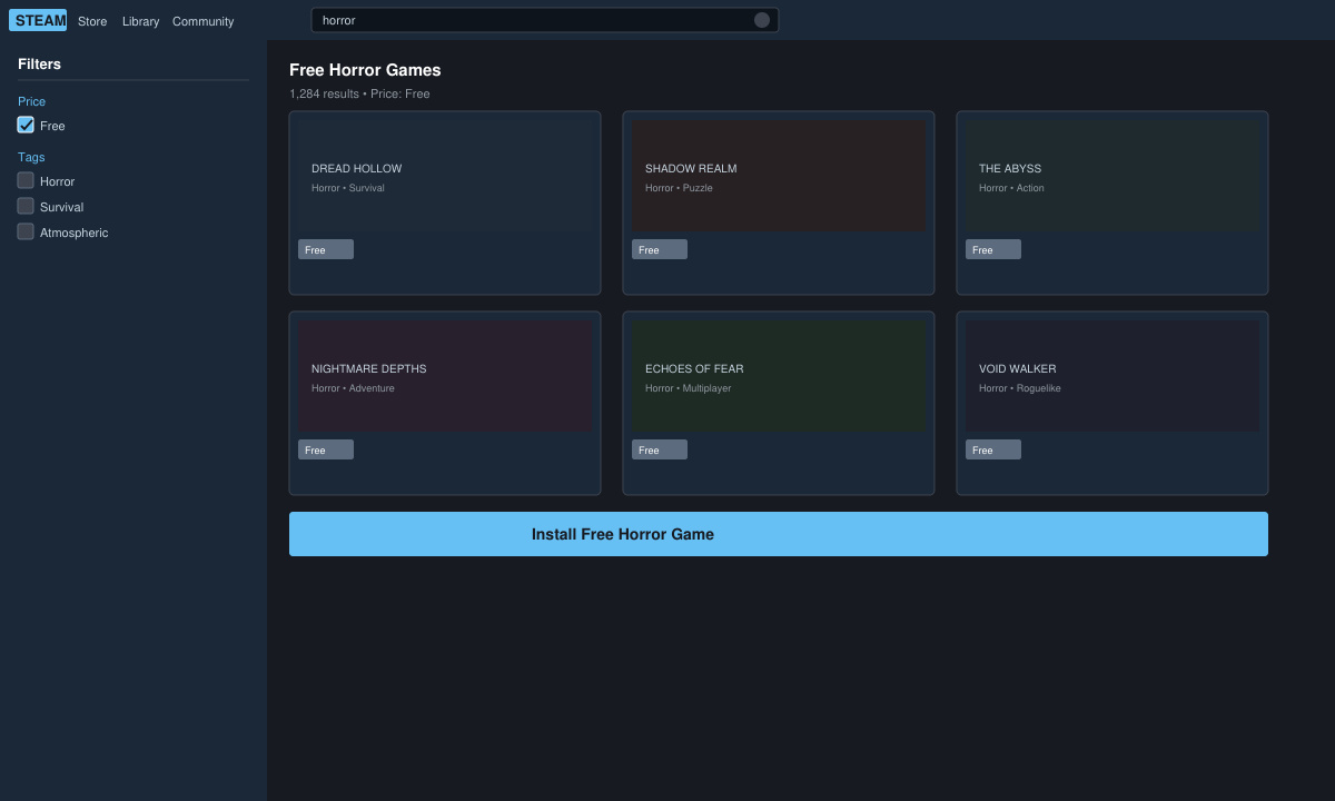 Steam search results page showing horror games with the price filter set to free