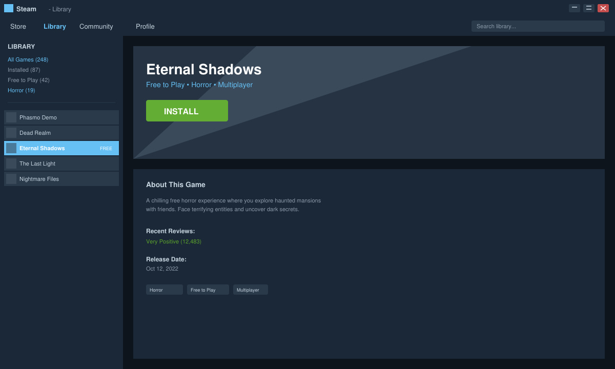 Steam library view with a free horror game selected and the install button highlighted
