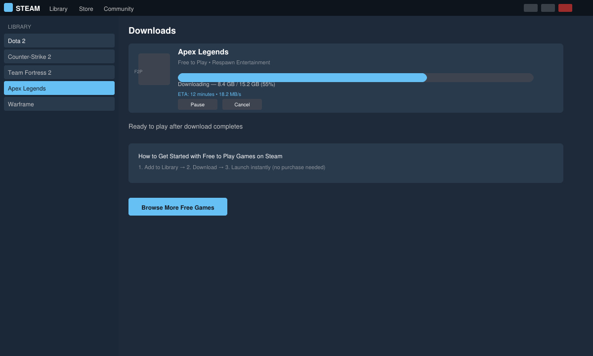 Steam download progress window for a free-to-play game with estimated time remaining