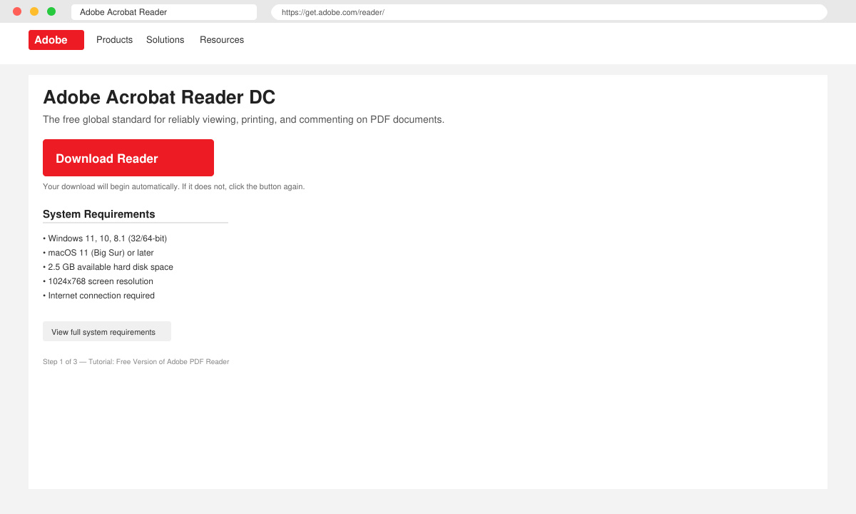 Close-up of the Adobe website showing the exact Download Reader button and system requirements listed below it