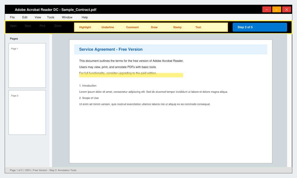 Adobe Acrobat Reader main window displaying an open PDF document with the toolbar and annotation tools highlighted