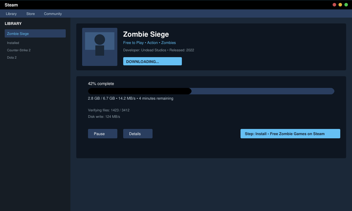 Download confirmation screen in Steam for a free zombie game