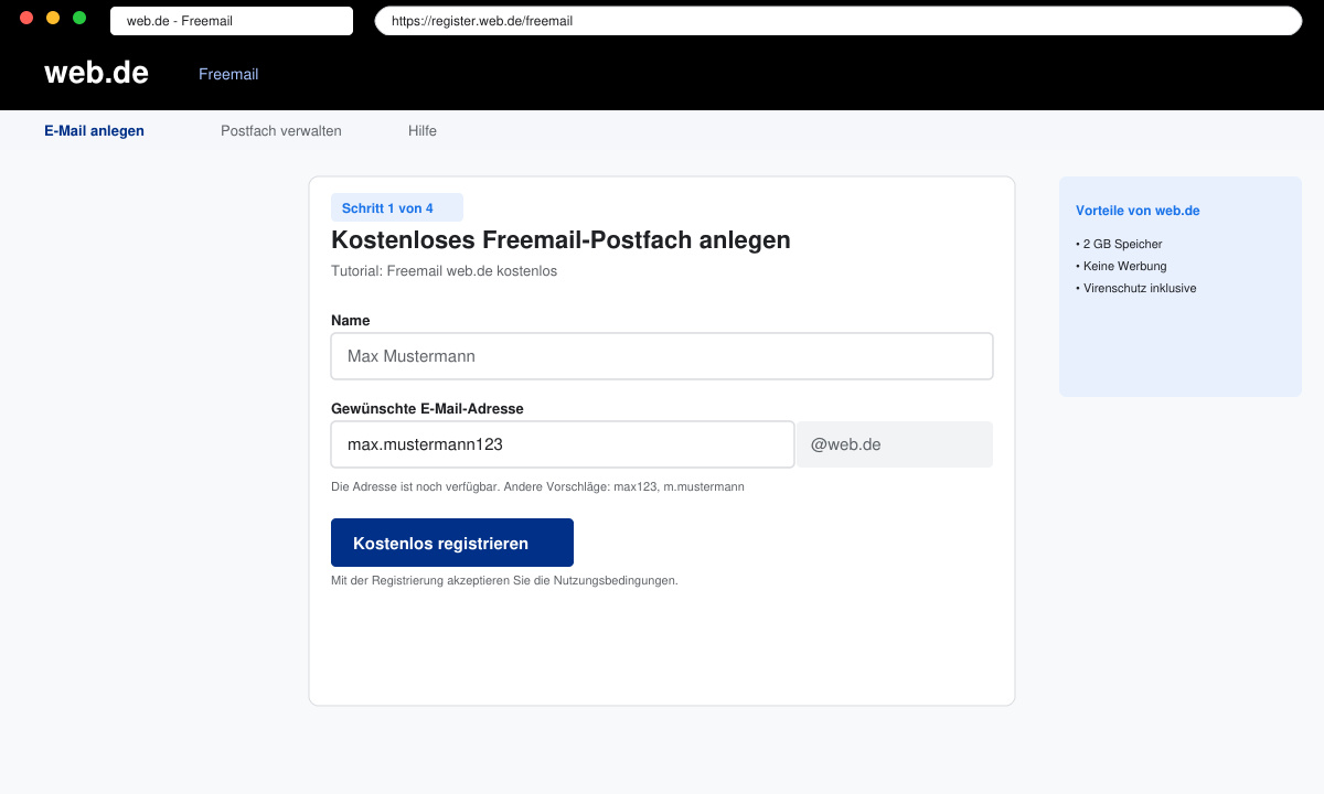 Screenshot des Anmeldeformulars auf web.de mit Feldern für Name und gewünschte E-Mail-Adresse