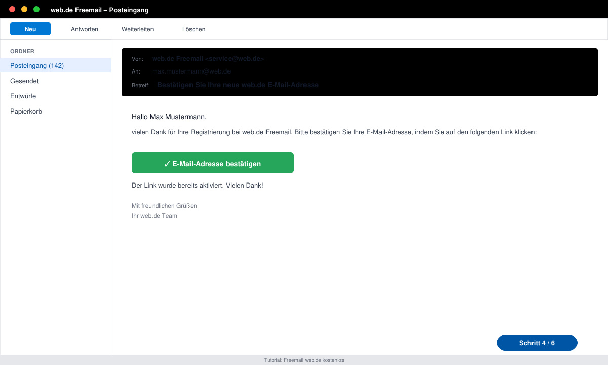 Bestätigungs-E-Mail von web.de mit aktiviertem Link