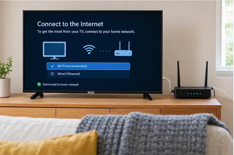 Television displaying an internet connection screen beside a home Wi-Fi router