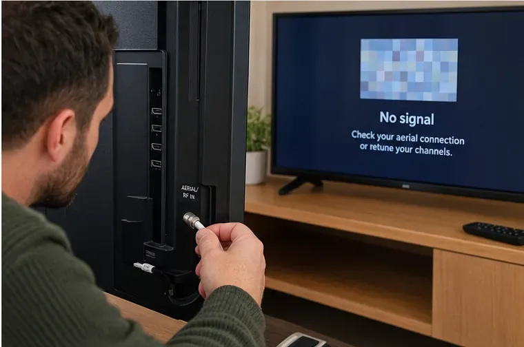 Person checking a television aerial connection while another TV displays a no-signal message