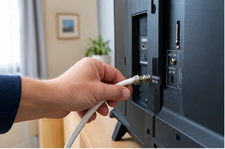 A hand connecting a coaxial TV aerial lead to the aerial input on the rear of a television