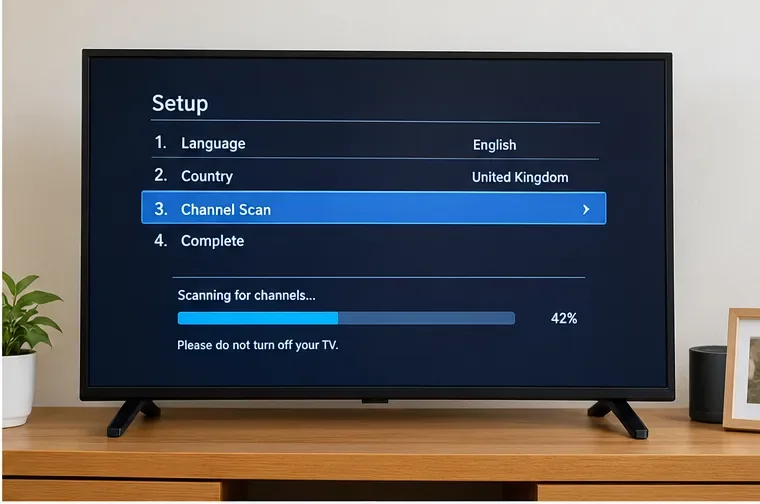 Television setup screen showing a channel scan in progress with United Kingdom selected