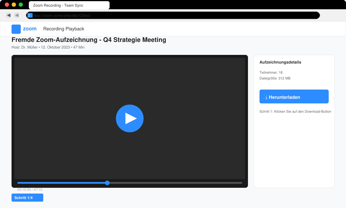 Browserfenster mit geöffneter Zoom-Recording-Wiedergabeseite und sichtbarem Download-Button