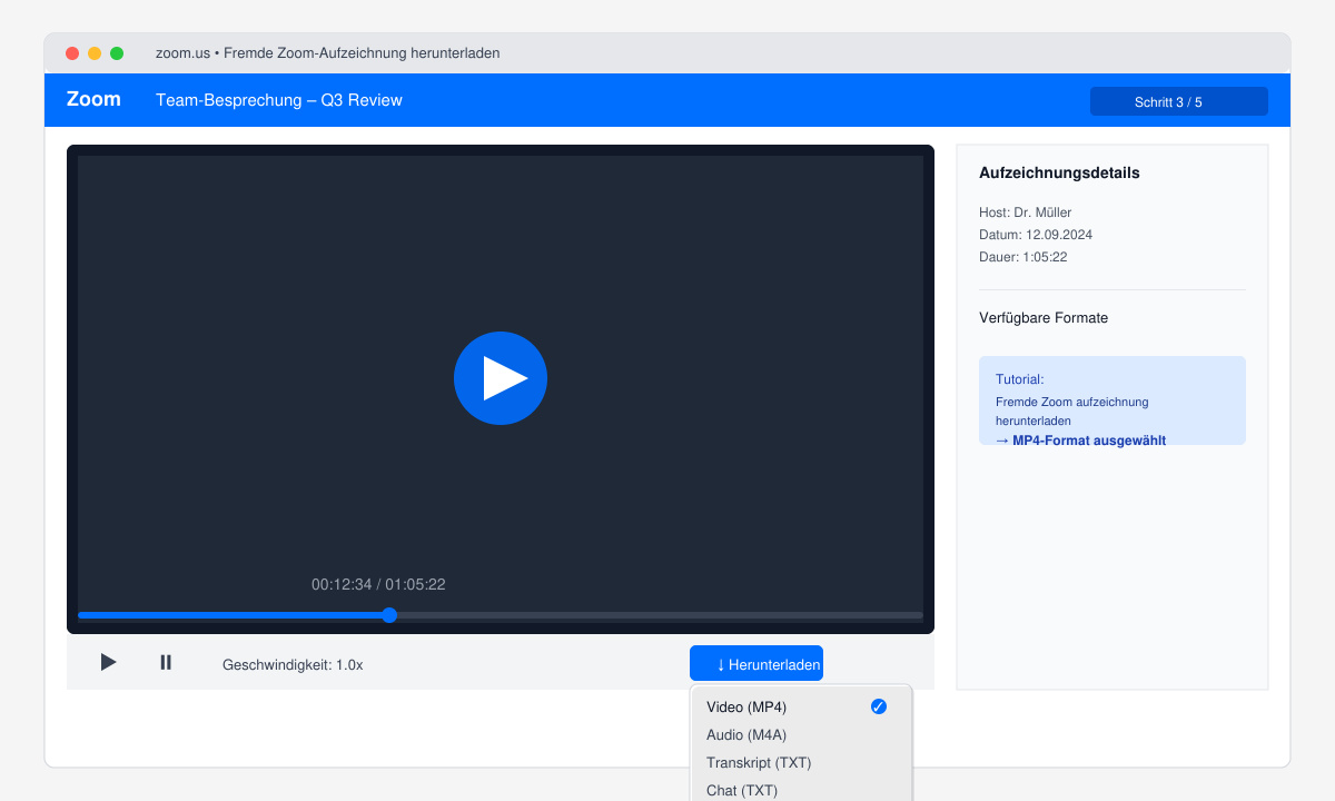 Zoom-Player mit geöffnetem Download-Menü und ausgewähltem MP4-Format