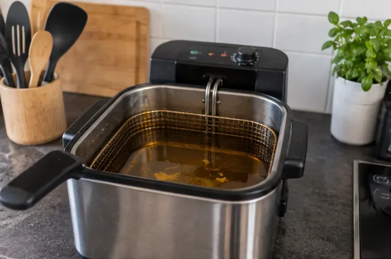 Afgekoelde gebruikte frituurolie in een friteuse op een keukenblad