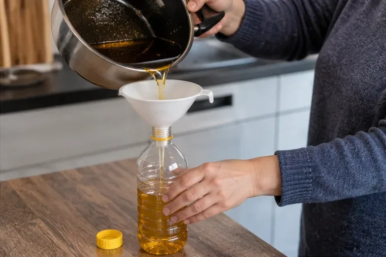 Afgekoelde frituurolie wordt met een trechter in een plastic fles gegoten