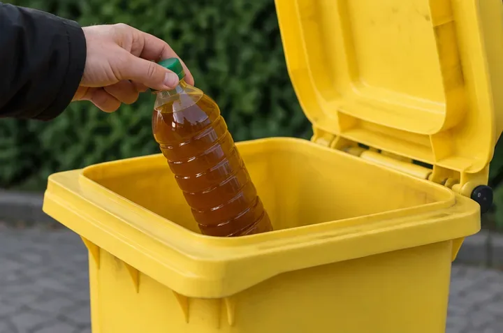 Een hand laat een afgesloten plastic fles met gebruikte olie in een open gele rolcontainer zakken.