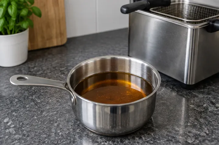 Een roestvrijstalen pan met amberkleurige olie staat op een keukenblad, met een frituurapparaat op de achtergrond.