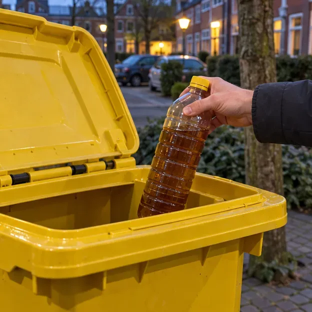 Een afgesloten plastic fles met gebruikte olie wordt in een gele inzamelkliko geplaatst.