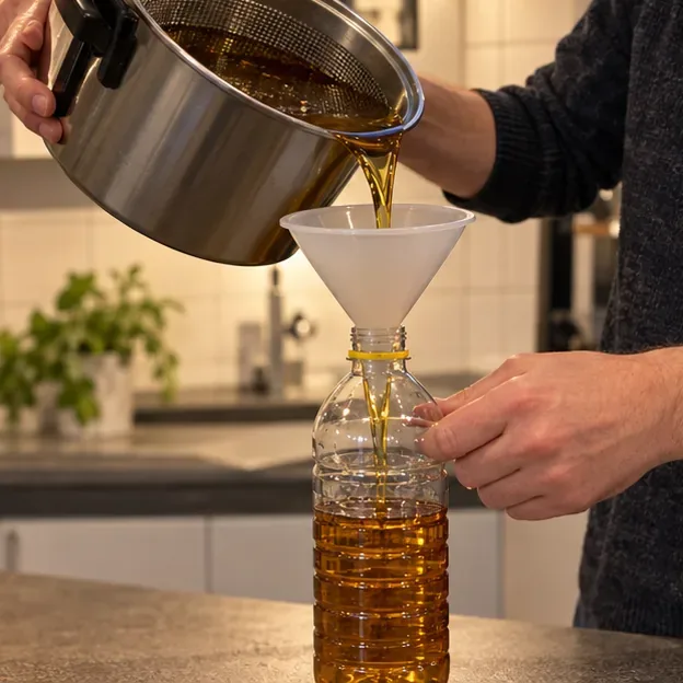 Afgekoelde olie wordt met behulp van een trechter vanuit een pan in een lege plastic fles gegoten.