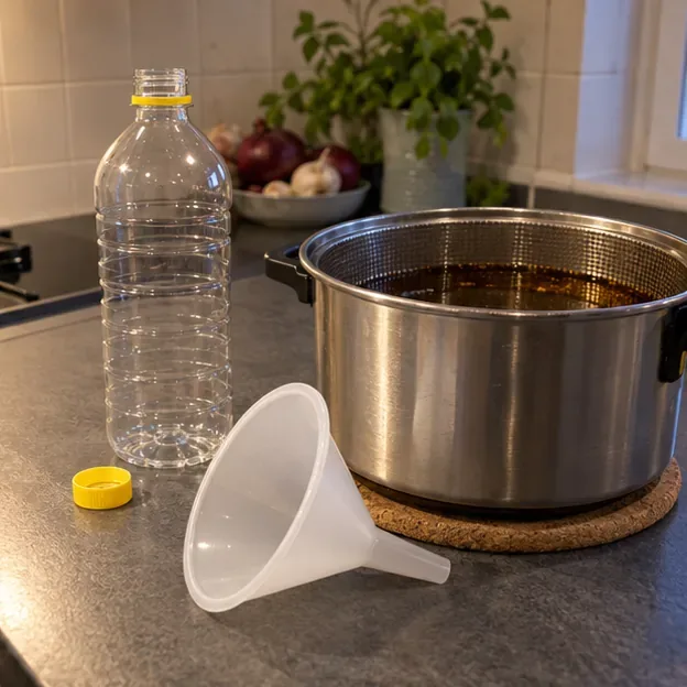 Een lege plastic olie-fles, losse dop en trechter staan naast een pan met afgekoelde olie.