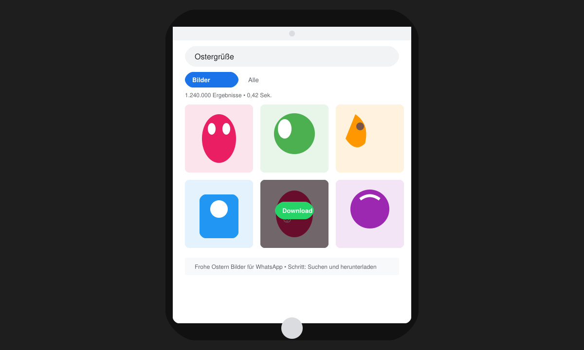 Smartphone-Bildschirm mit einer Bildersuche nach Ostergrüßen und Download-Button
