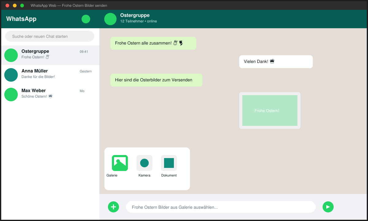 WhatsApp Chat-Fenster mit geöffnetem Anhang-Menü