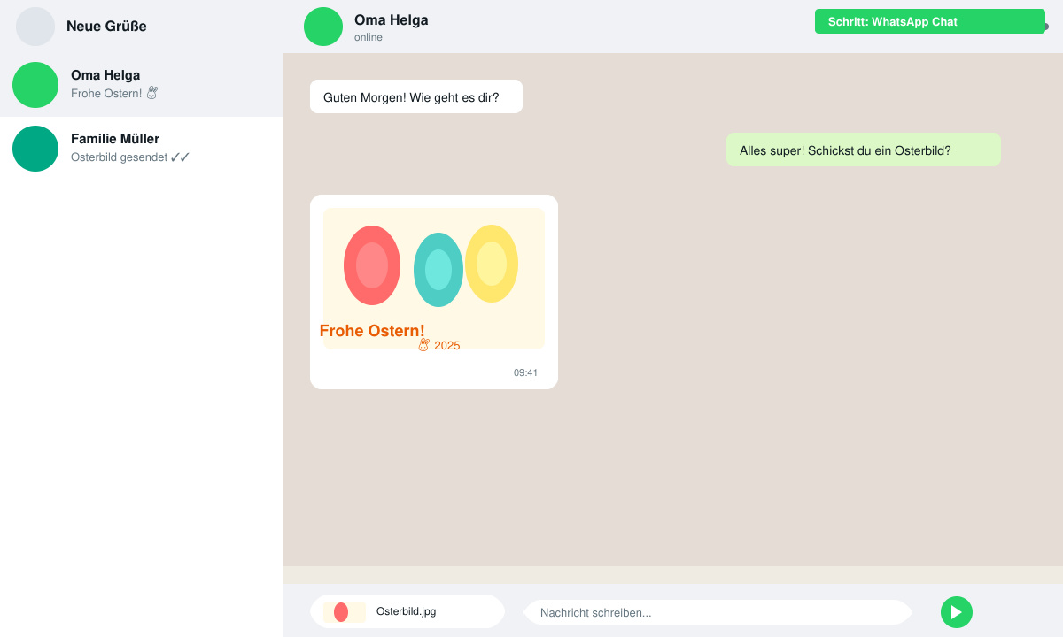 WhatsApp-Chat-Fenster mit ausgewähltem Osterbild vor dem Versand