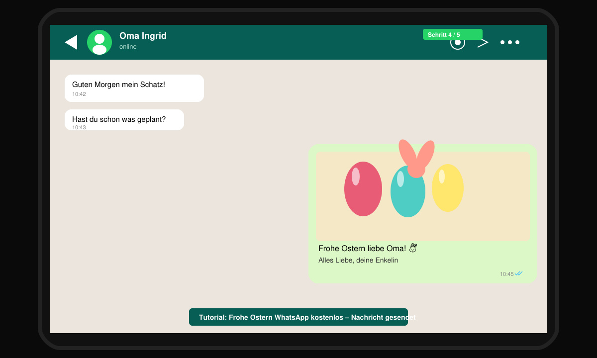 WhatsApp-Chat mit versandter Ostergruß-Nachricht inklusive Bild und Text