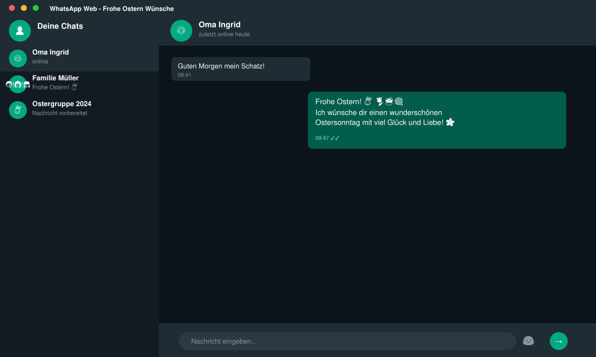 WhatsApp-Chat-Fenster mit fertigem Ostern-Wunsch und bunten Emojis