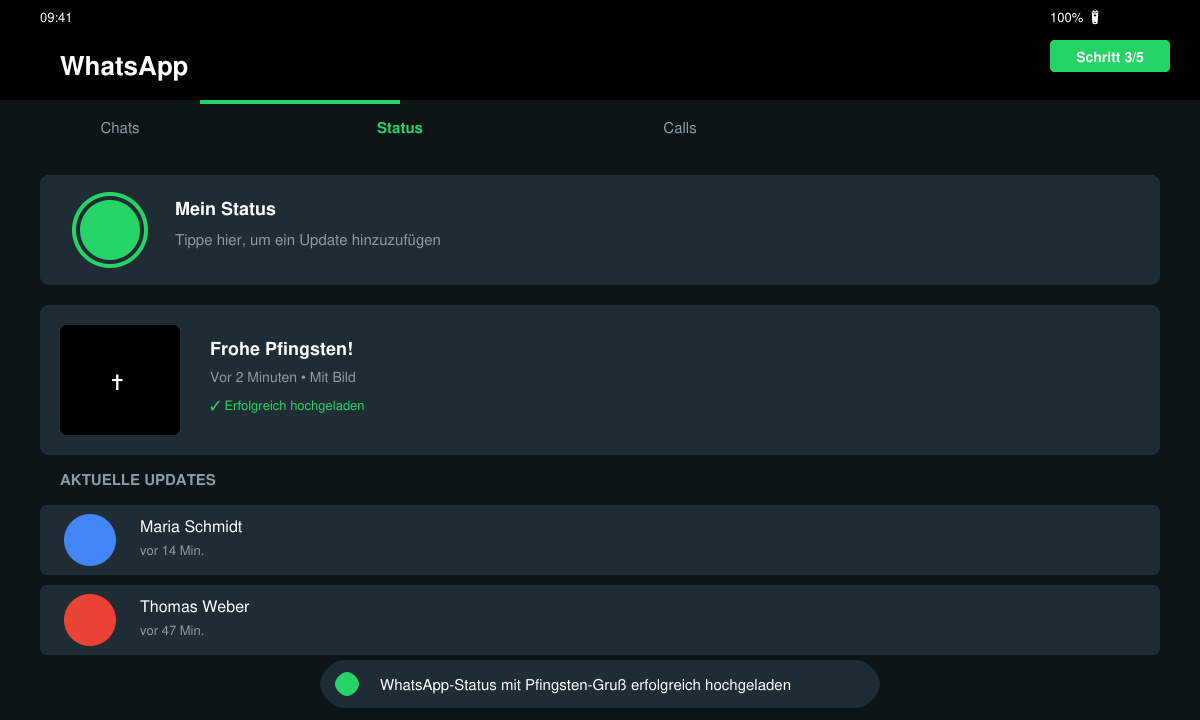 Erfolgreich versendeter Pfingsten-Status in WhatsApp