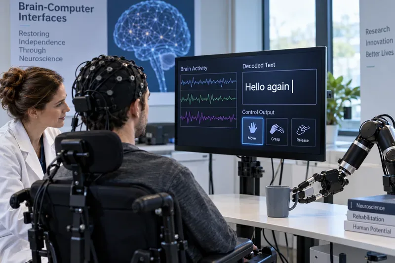 A wheelchair user in a neurotechnology lab wears an EEG-style sensor cap while viewing decoded text on a monitor beside a robotic arm and a clinician.