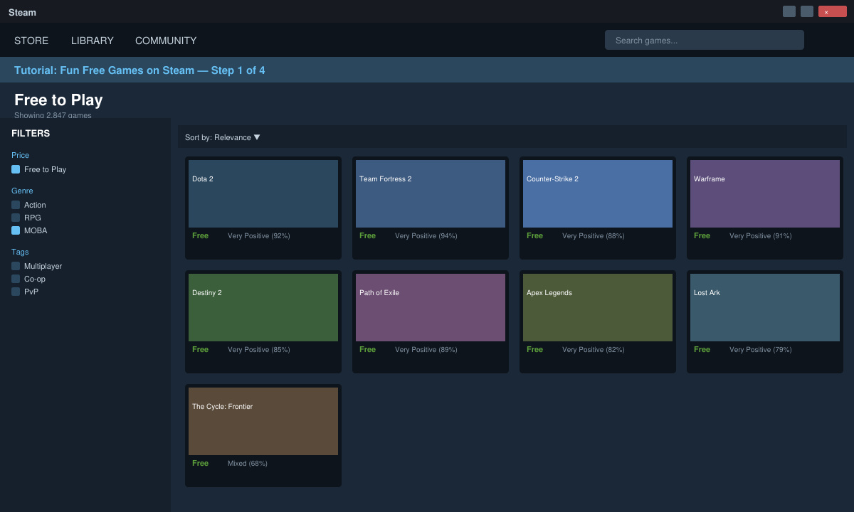 Steam store Free to Play category page showing game thumbnails