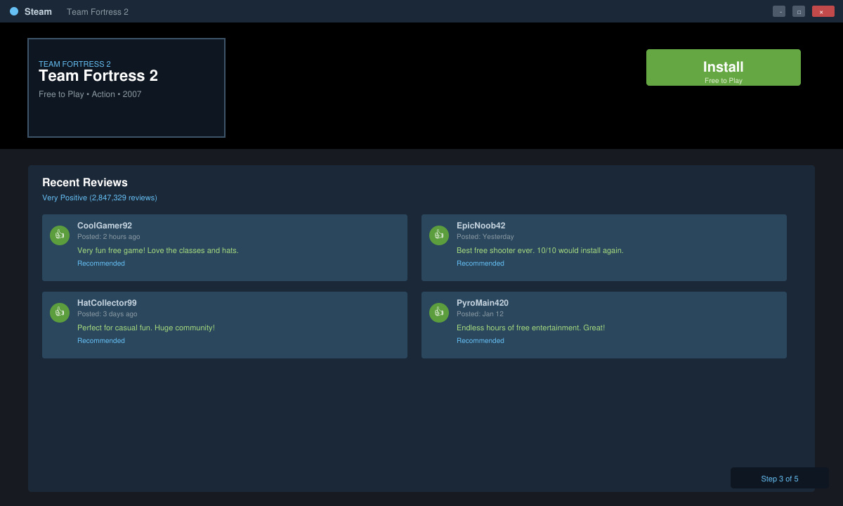 Steam game store page with review filters and install button highlighted