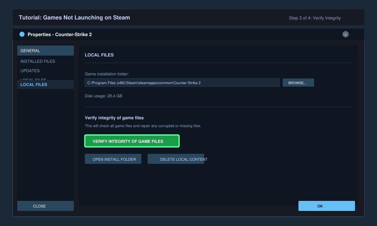 Steam game properties window with the Verify integrity of game files button highlighted