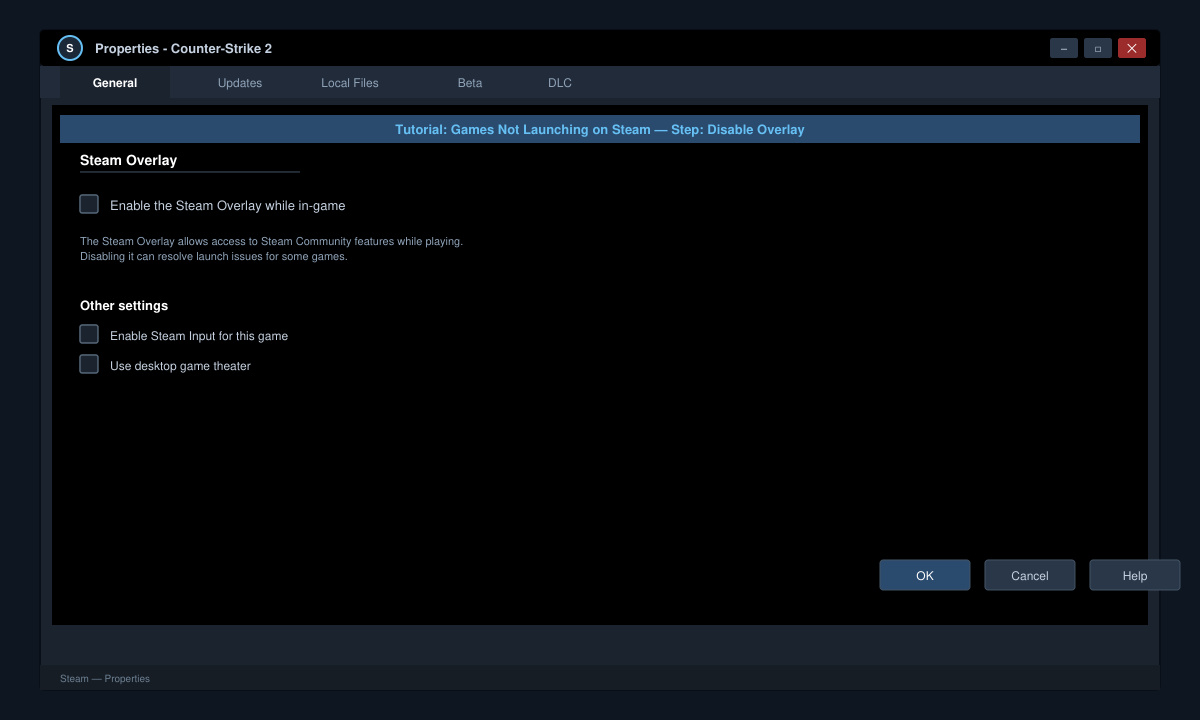 Steam properties screen showing the overlay checkbox being deselected